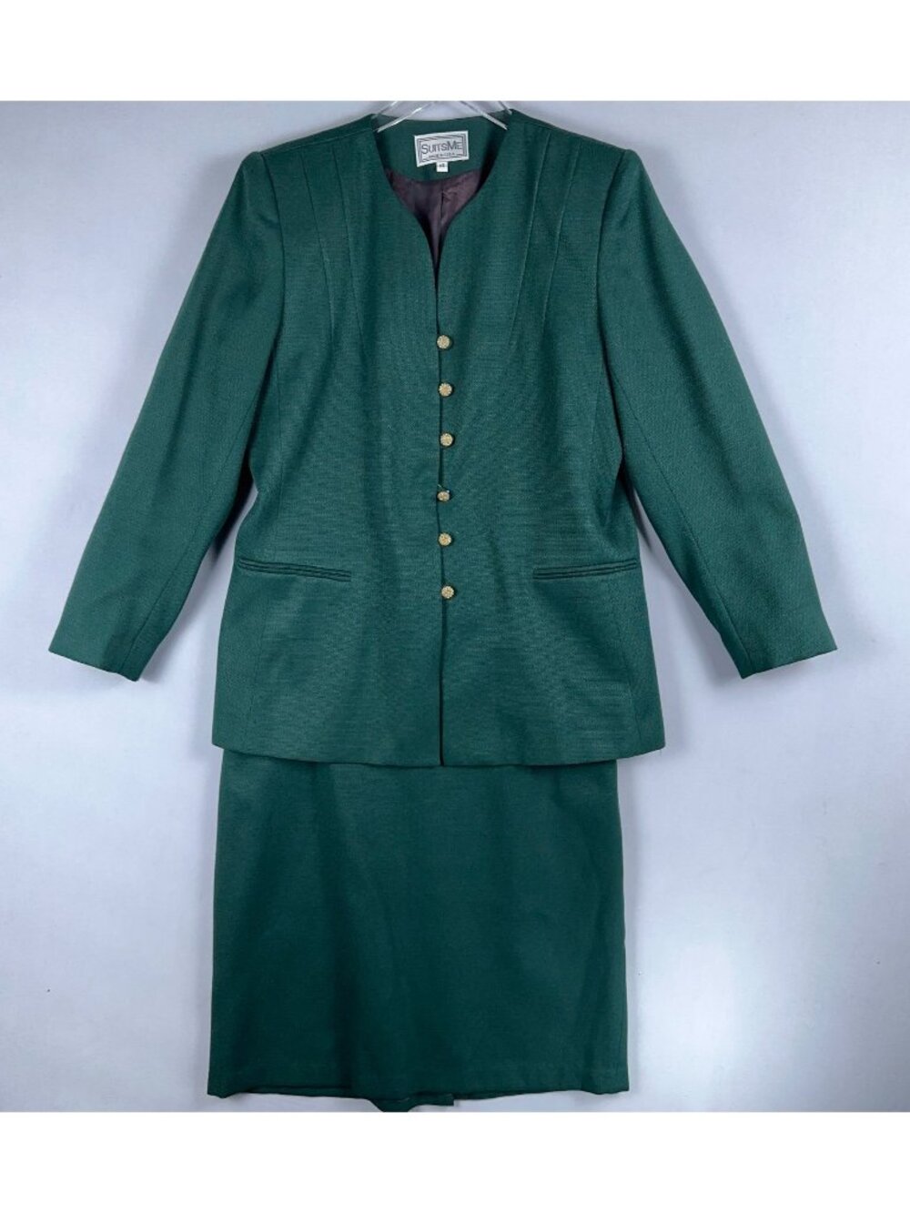 Suits Me Skirt Suit Set Womens Size 16 Green Gold Buttons Made in USA
